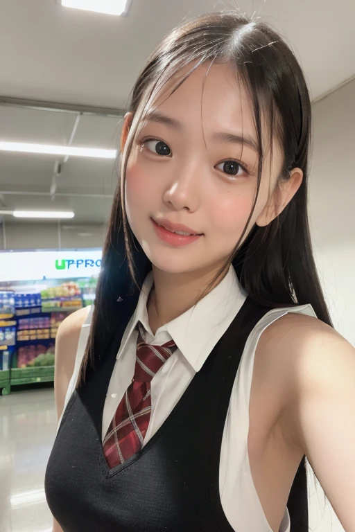 One girl, Happy, smile, (At the supermarket:1.2), ((school uniform:1.2)), RAW Photos, (photoRealistic:1.37, Realistic), Highly detailed CG integrated 8K wallpaper, View Viewer, (((Straight from the front))), (high qualityスキン:1.8, Shiny skin), 8K Ultra HD, Digital SLR, Soft lighting, high quality, Film Grain, Fujifilm XT3, ((Upper Body:1.6)), (Professional Lighting:1.6)