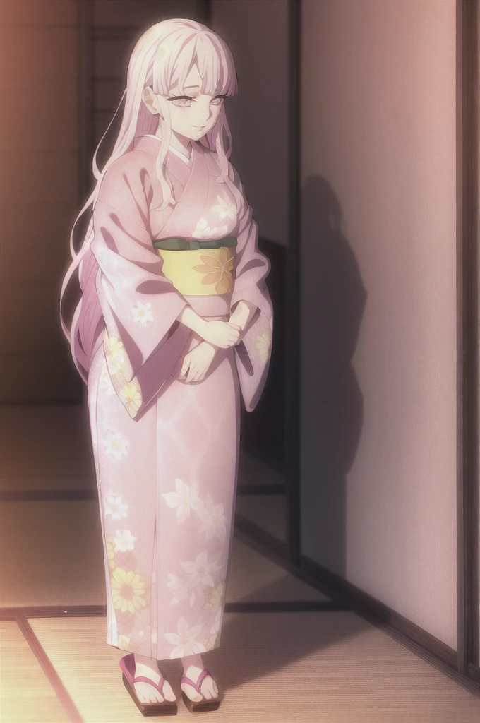 kimetsu no yaiba style,1girl, mature lady, solo, japanese clothes, kimono, pink eyes, long straight hair, hair over shoulder, floral print, light pink hair, full body, holding lance, anime coloring, ((masterpiece))