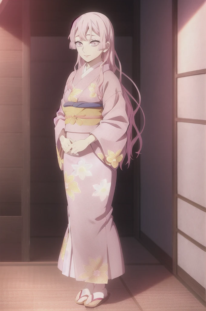 kimetsu no yaiba style,1girl, mature lady, solo, japanese clothes, kimono, pink eyes, long straight hair, hair over shoulder, floral print, light pink hair, full body, holding lance, anime coloring,  ((masterpiece)) 