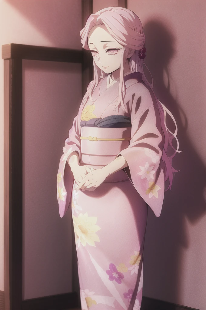 kimetsu no yaiba style,1girl, mature lady, solo, japanese clothes, kimono, pink eyes, long straight hair, hair over shoulder, floral print, light pink hair, full body, holding lance, anime coloring, ((masterpiece))