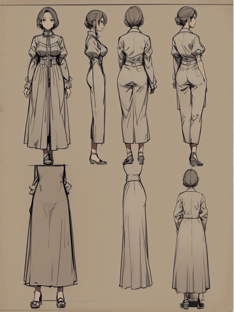 cute, standing lady, three view drawing, front and back and side,full body,simple background