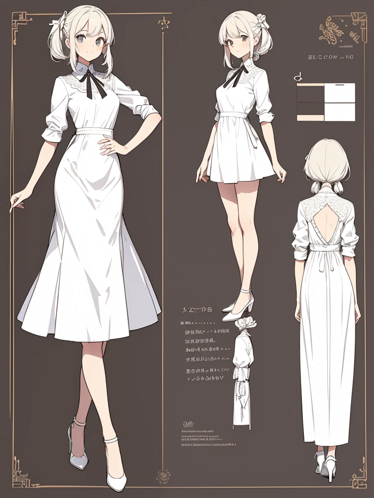 cute, standing lady, three view drawing, front and back and side,full body,simple background