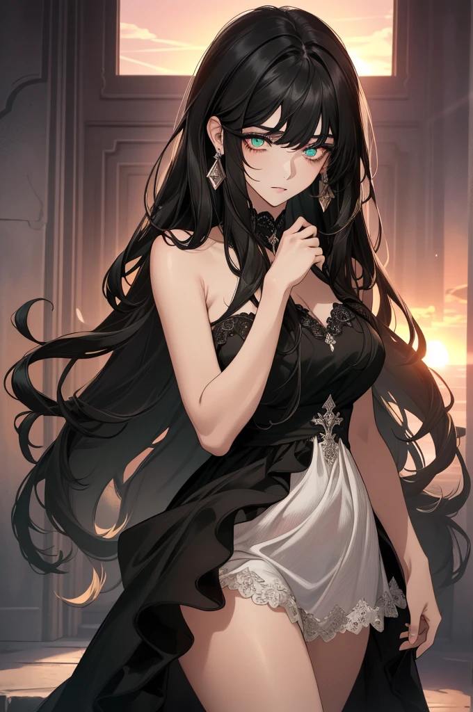 (top quality, masterpiece, high quality, ultra-delicate), ((beautiful girl)), (((adult)), ((Pure Dark black hair)), mature, graceful curves, ((long hair, long bangs)), ((Dark green eyes)), ((detailed eyes:1.5)), nose, bangs, black collar, ((Revealing White Dress)), V neck, seductive, standing casual ribbon, charm, shoulderless dress, fashion, thick thighs, green earrings, Good Lighting, Sunset.