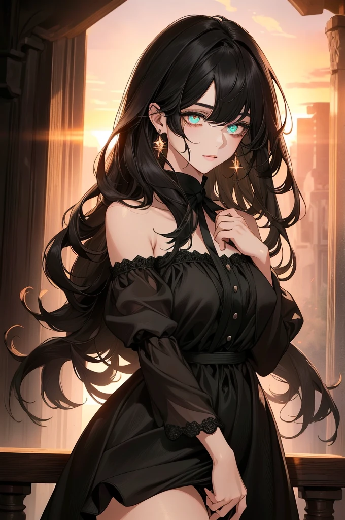 (top quality, masterpiece, high quality, ultra-delicate), ((beautiful girl)), (((adult)), ((Pure Dark black hair)), mature, graceful curves, ((long hair, long bangs)), ((Dark green eyes)), ((detailed eyes:1.5)), nose, bangs, black collar, ((Revealing White Dress)), V neck, seductive, standing casual ribbon, charm, shoulderless dress, fashion, thick thighs, green earrings, Good Lighting, Sunset.
