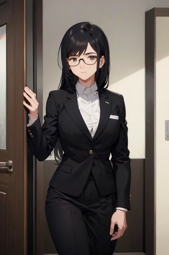 young man with black hair, nerd, with glasses, with a gray shirt, and gray pants