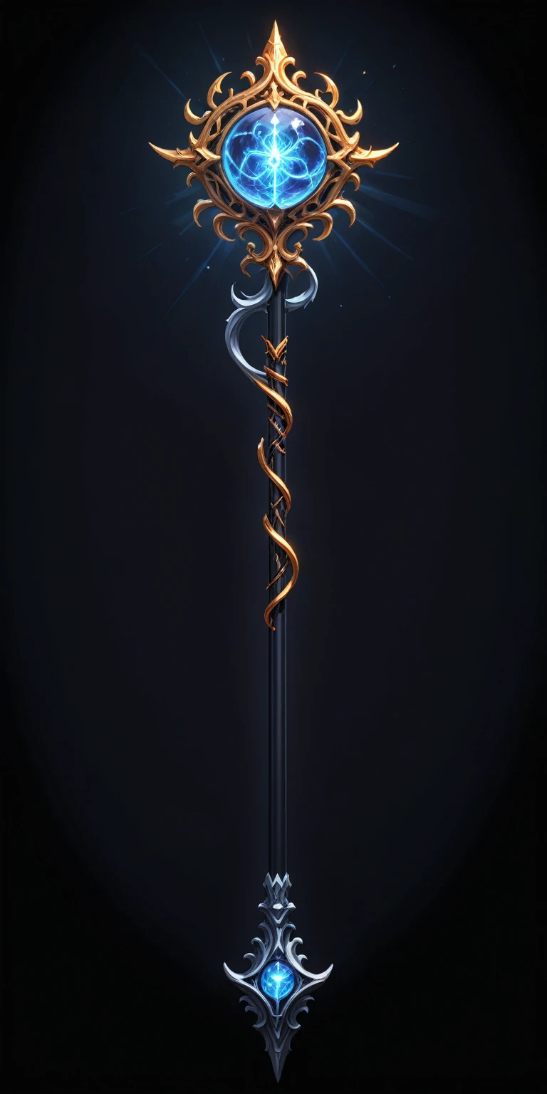 pixel art, cartoon illustration, Divine glavie greatstaff, Powerfull Magical theme, simple black background, RPG game icon