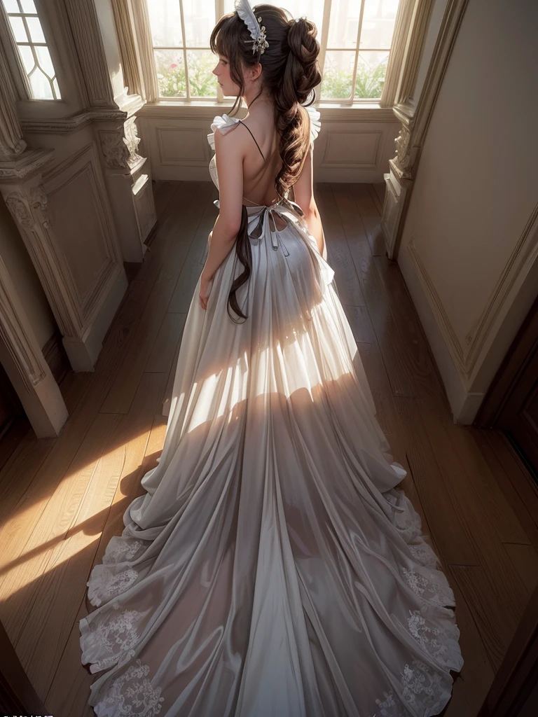 ((best Quality: 1.4)), (Unparalleled Masterpiece), (Ultra High Definition), (Ultra Realistic 8k CG), (half body image:1.5 ), (ultra detailed), (maid, solo ), (art by Jean Baptiste Monge), highly detailed maid clothes, half apron , stunningly beautiful, highly detailed beautiful hair, highly detailed hairstyle, cinematic soft lighting, happy , in old western house, ,soft backlighting effect to add depth to the image, Anisotropic Filtering, Depth of Field, Maximum clarity and sharpness, , 8 life size, thicc body:0.8 , perfect anatomy, symmetrical and balanced, beautiful gradient, sharp focus, golden ratio, Centered image, Beautiful Composition,(viewed from back:2.0),(viewed from below:1.5)