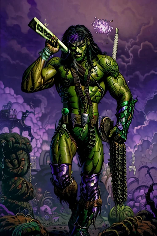 (Male of Caucasian origin).A ((muscular:1.3)) ((green skin:1.2)) ((zombie)), (missing left eye), long brown (dreadlocks), (rotting flesh), purple headband, barbarian (spike armor:1.25), (purple shorts), boots, ((cigarillo in his mouth)) with massive clouds of purple smoke. smoke coming out of the left eye socket. Stoner.