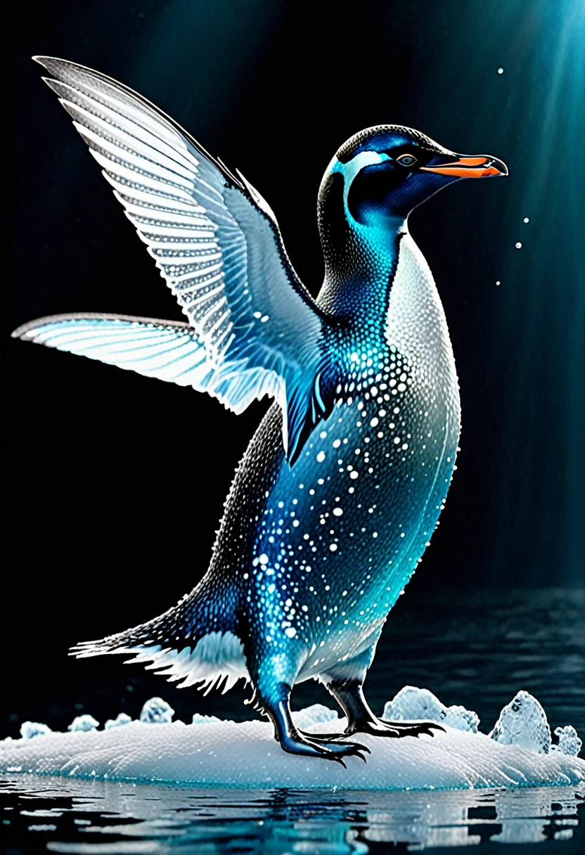 Creature: Glacial Frostwing
Features:
- Penguin-like body
- Surface covered in ice crystals, cold to the touch
Habitat:
- Lives in icy environments
- Nests on glaciers and icebergs
- Adapted to extreme cold, can swim in icy waters
Coloration:
- Body is white with icy blue highlights
- Ice crystals on the surface refract light, creating a shimmering effect
Additional Notes:
- Feeds on fish and krill
- Uses its wings to propel itself underwater