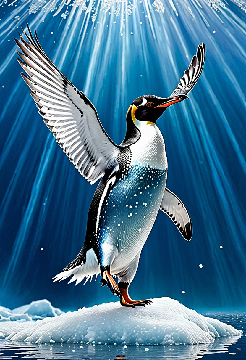 Creature: Glacial Frostwing
Features:
- Penguin-like body
- Surface covered in ice crystals, cold to the touch
Habitat:
- Lives in icy environments
- Nests on glaciers and icebergs
- Adapted to extreme cold, can swim in icy waters
Coloration:
- Body is white with icy blue highlights
- Ice crystals on the surface refract light, creating a shimmering effect
Additional Notes:
- Feeds on fish and krill
- Uses its wings to propel itself underwater