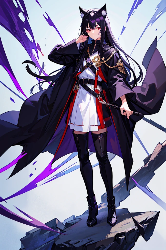 Black Hair少年,Around fifteen years old,Black Hair,Cat ear,Cat tail,Purple cloak,Heterochromia,Red left eye,Blue right eye,White shirt,Purple cloak,Standing,whole body,For the audience,White background,masterpiece,HD,4k,Detailed facial depiction,Black trousers,Black boots,Black Hair,White background(1:5)
