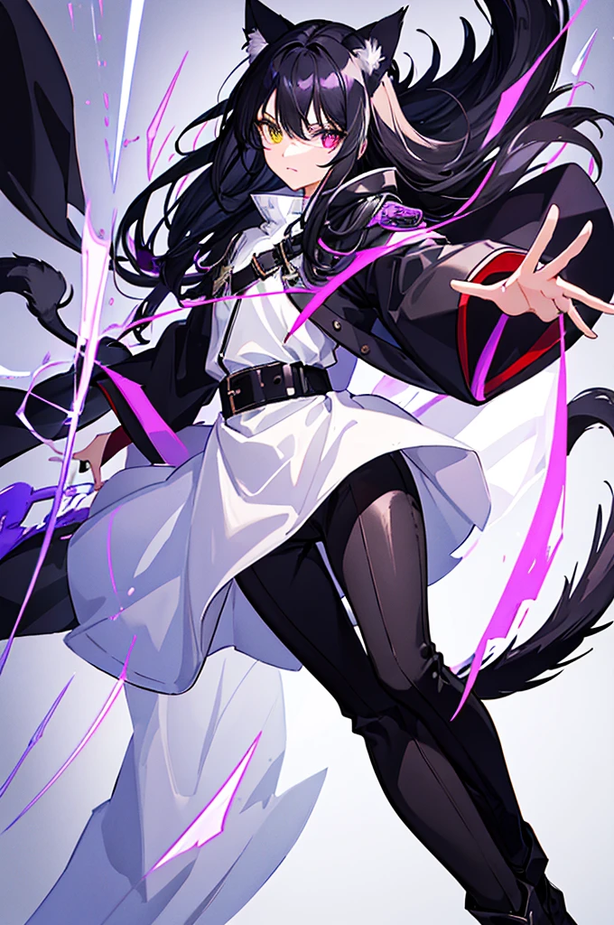 Black Hair少年,Around fifteen years old,Black Hair,Cat ear,Cat tail,Purple cloak,Heterochromia,Red left eye,Blue right eye,White shirt,Purple cloak,Standing,whole body,For the audience,White background,masterpiece,HD,4k,Detailed facial depiction,Black trousers,Black boots,Black Hair,White background(1:5)