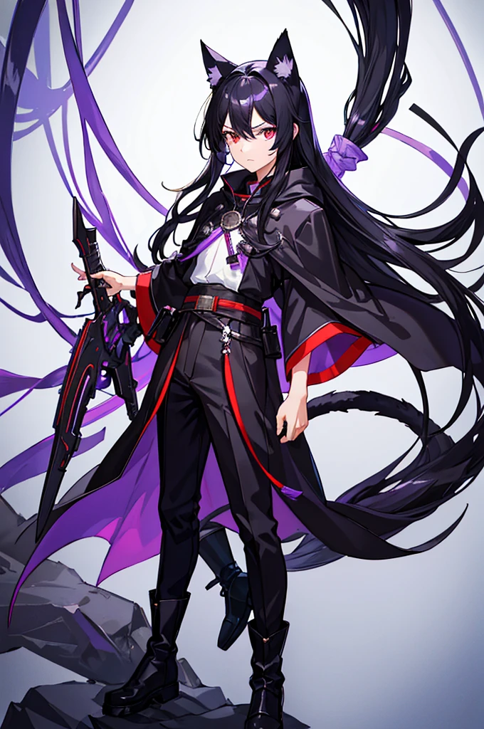 Black Hair少年,Around fifteen years old,Black Hair,Cat ear,Cat tail,Purple cloak,Heterochromia,Red left eye,Blue right eye,White shirt,Purple cloak,Standing,whole body,For the audience,White background,masterpiece,HD,4k,Detailed facial depiction,Black trousers,Black boots,Black Hair,White background(1:5)