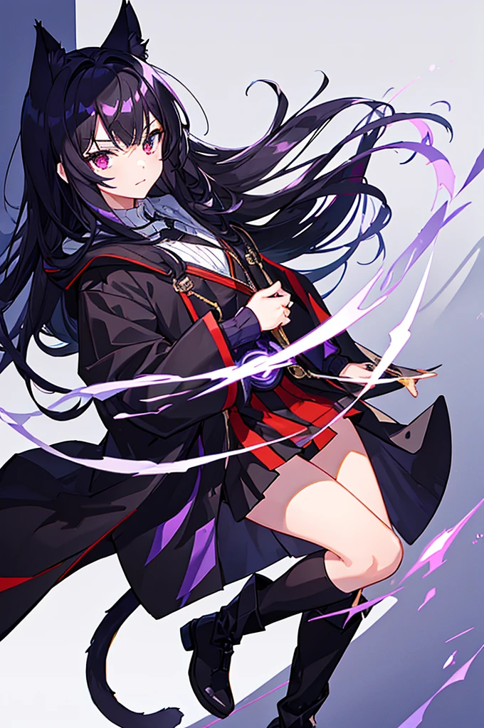 Black Hair少年,Around fifteen years old,Black Hair,Cat ear,Cat tail,Purple cloak,Heterochromia,Red left eye,Blue right eye,White shirt,Purple cloak,Standing,whole body,For the audience,White background,masterpiece,HD,4k,Detailed facial depiction,Black trousers,Black boots,Black Hair,White background(1:5)