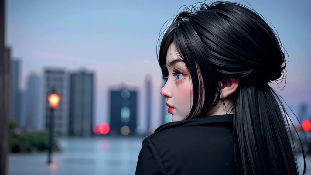 1 girl, medium light black hair, light blue eyes, wearing black suit, night city, 18+ , high res, ultrasharp, 8K, masterpiece, looking from behind