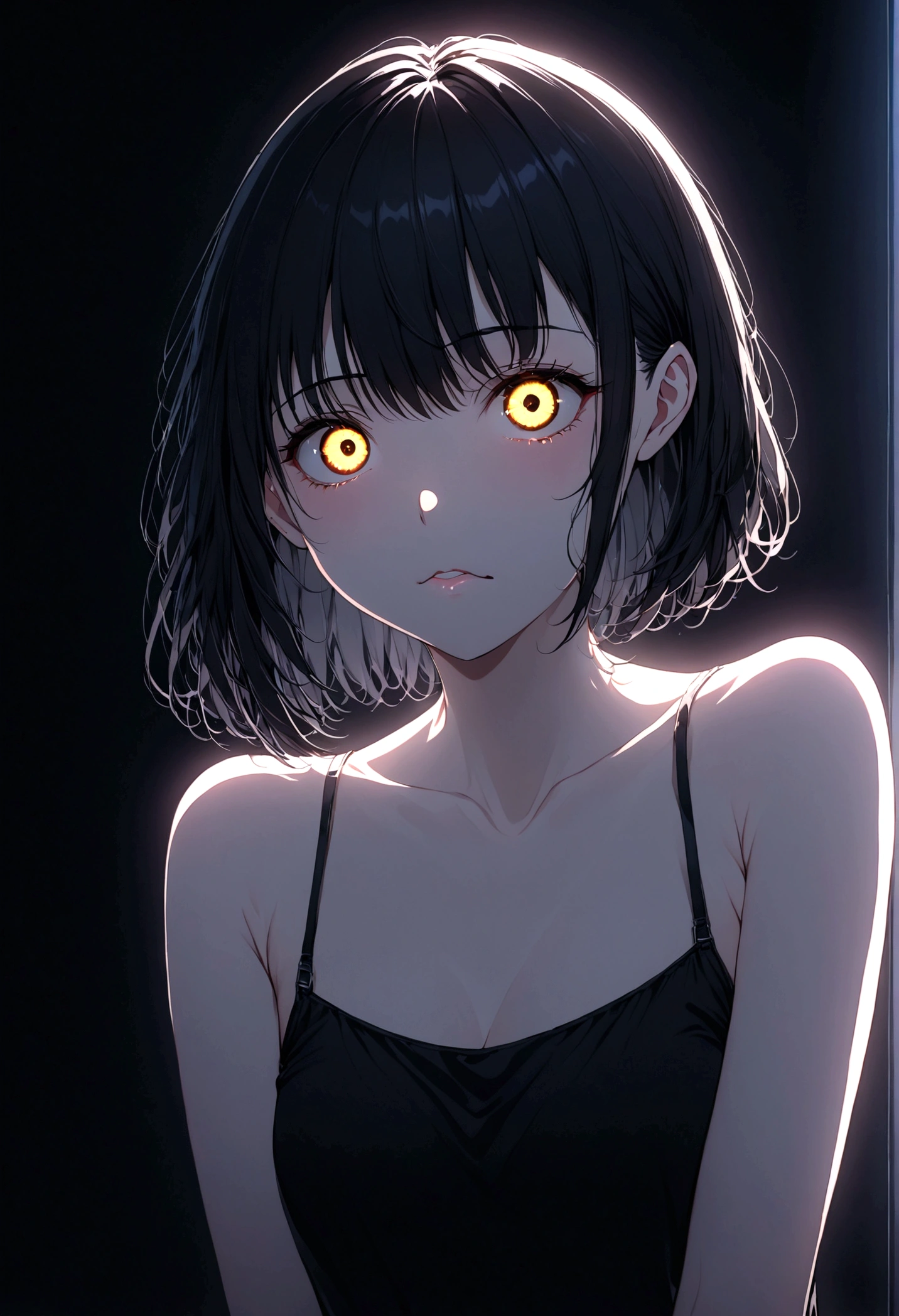 detailed, (masterpiece:1.2), (pale_skin:1.2), (alone:1.2), (woman), thin, (Shine_eye), Long Hair, bangs, Black Hair, Outdoor, No sleeve, black eye,、eyeの間の毛、Naughty look、mocking expression、eyeが光る、short hair、indoor、Neon lighting、indirect lighting、上eye遣いでこちらを見ている、Smiling face、Grin