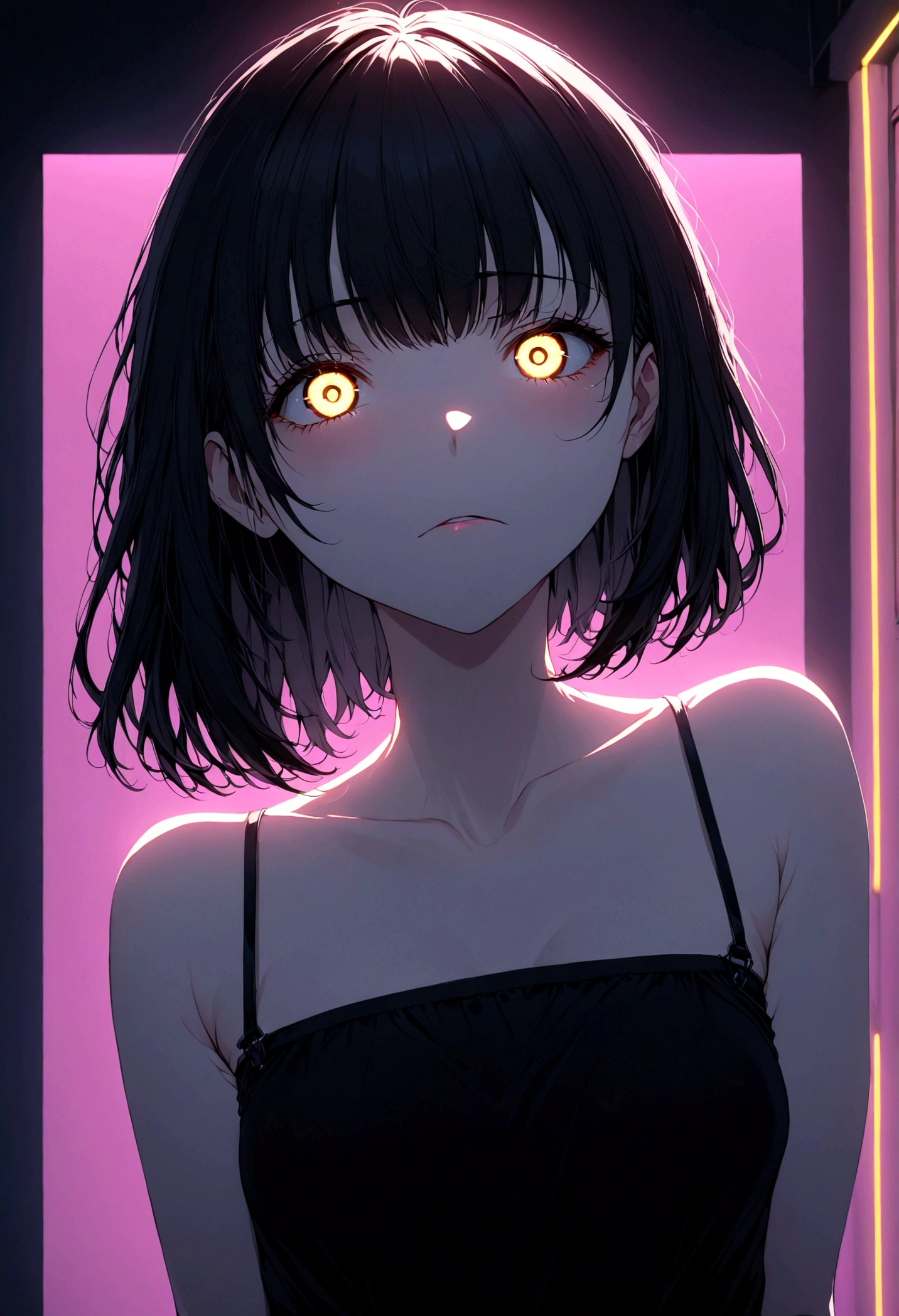 detailed, (masterpiece:1.2), (pale_skin:1.2), (alone:1.2), (woman), thin, (Shine_eye), Long Hair, bangs, Black Hair, Outdoor, No sleeve, black eye,、eyeの間の毛、Naughty look、mocking expression、eyeが光る、short hair、indoor、Neon lighting、indirect lighting、上eye遣いでこちらを見ている、Smiling face、Grin
