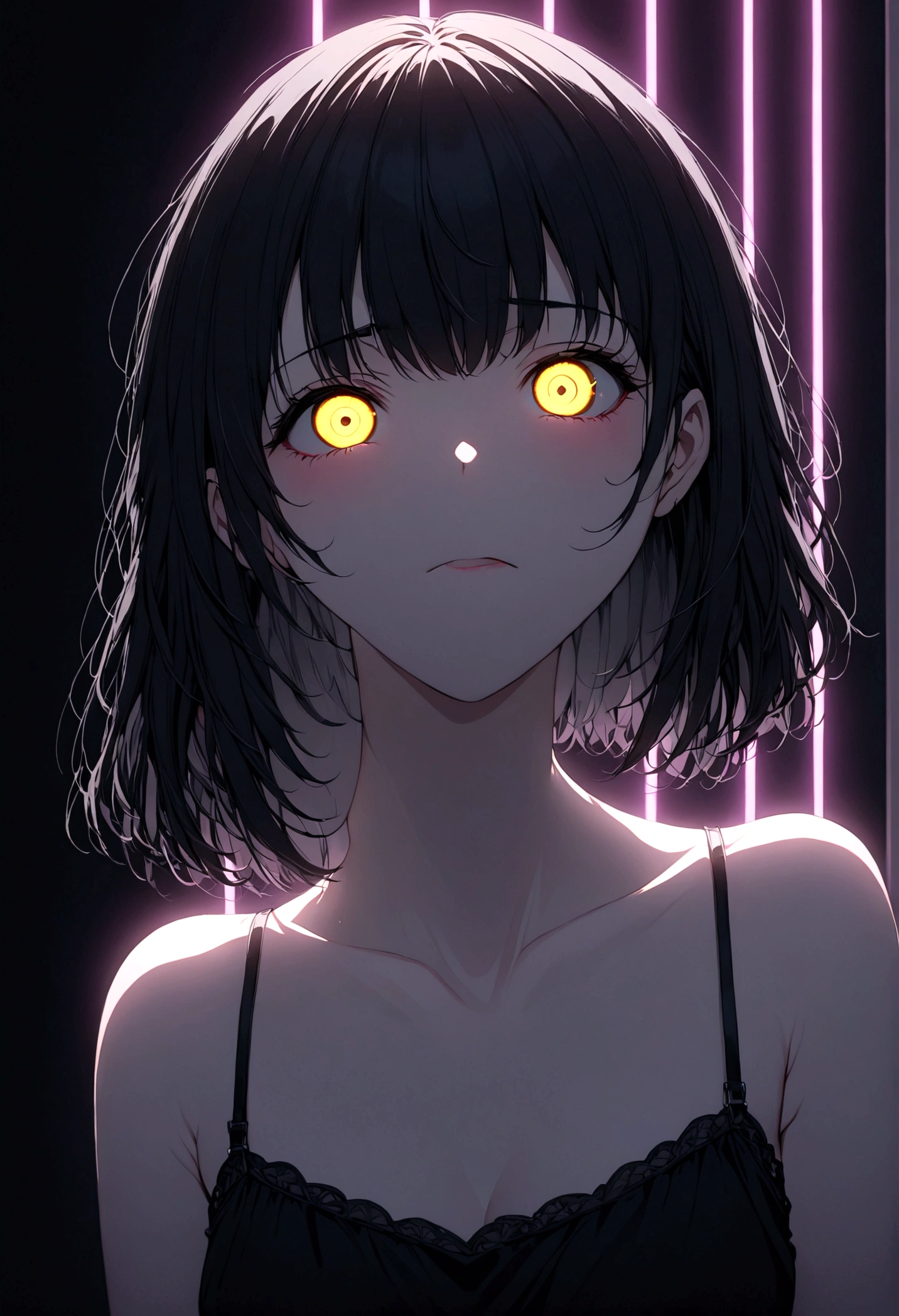 detailed, (masterpiece:1.2), (pale_skin:1.2), (alone:1.2), (woman), thin, (Shine_eye), Long Hair, bangs, Black Hair, Outdoor, No sleeve, black eye,、eyeの間の毛、Naughty look、mocking expression、eyeが光る、short hair、indoor、Neon lighting、indirect lighting、上eye遣いでこちらを見ている、Smiling face、Grin