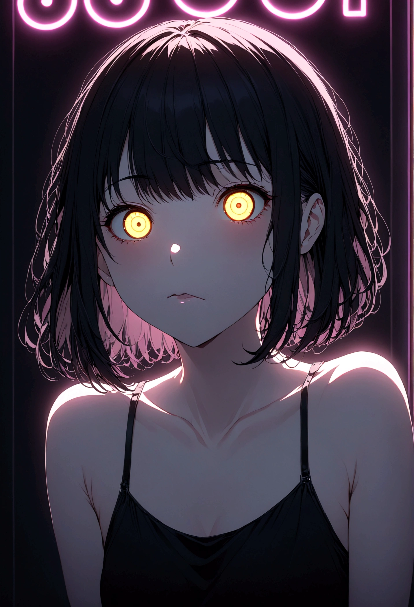 detailed, (masterpiece:1.2), (pale_skin:1.2), (alone:1.2), (woman), thin, (Shine_eye), Long Hair, bangs, Black Hair, Outdoor, No sleeve, black eye,、eyeの間の毛、Naughty look、mocking expression、eyeが光る、short hair、indoor、Neon lighting、indirect lighting、上eye遣いでこちらを見ている、Smiling face、Grin