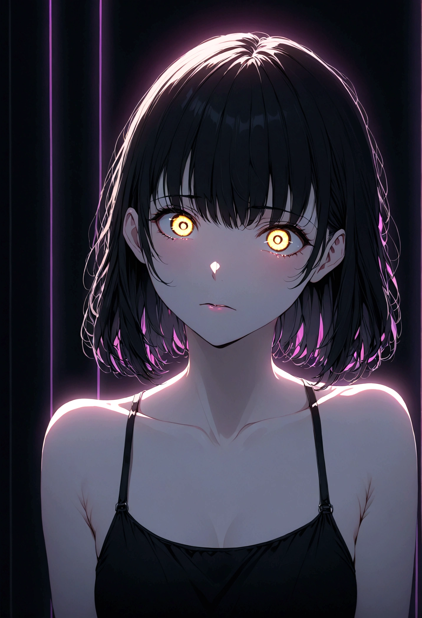 detailed, (masterpiece:1.2), (pale_skin:1.2), (alone:1.2), (woman), thin, (Shine_eye), Long Hair, bangs, Black Hair, Outdoor, No sleeve, black eye,、eyeの間の毛、Naughty look、mocking expression、eyeが光る、short hair、indoor、Neon lighting、indirect lighting、上eye遣いでこちらを見ている、Smiling face、Grin