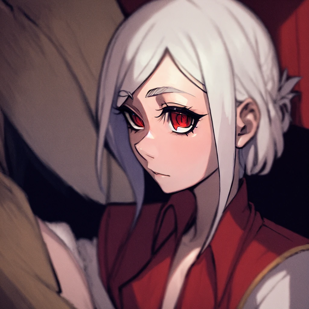 masterpiece, best quality, helltaker,1girl,solo, white hair, red eyes, mirada lujuriosa, mirada con deseo,