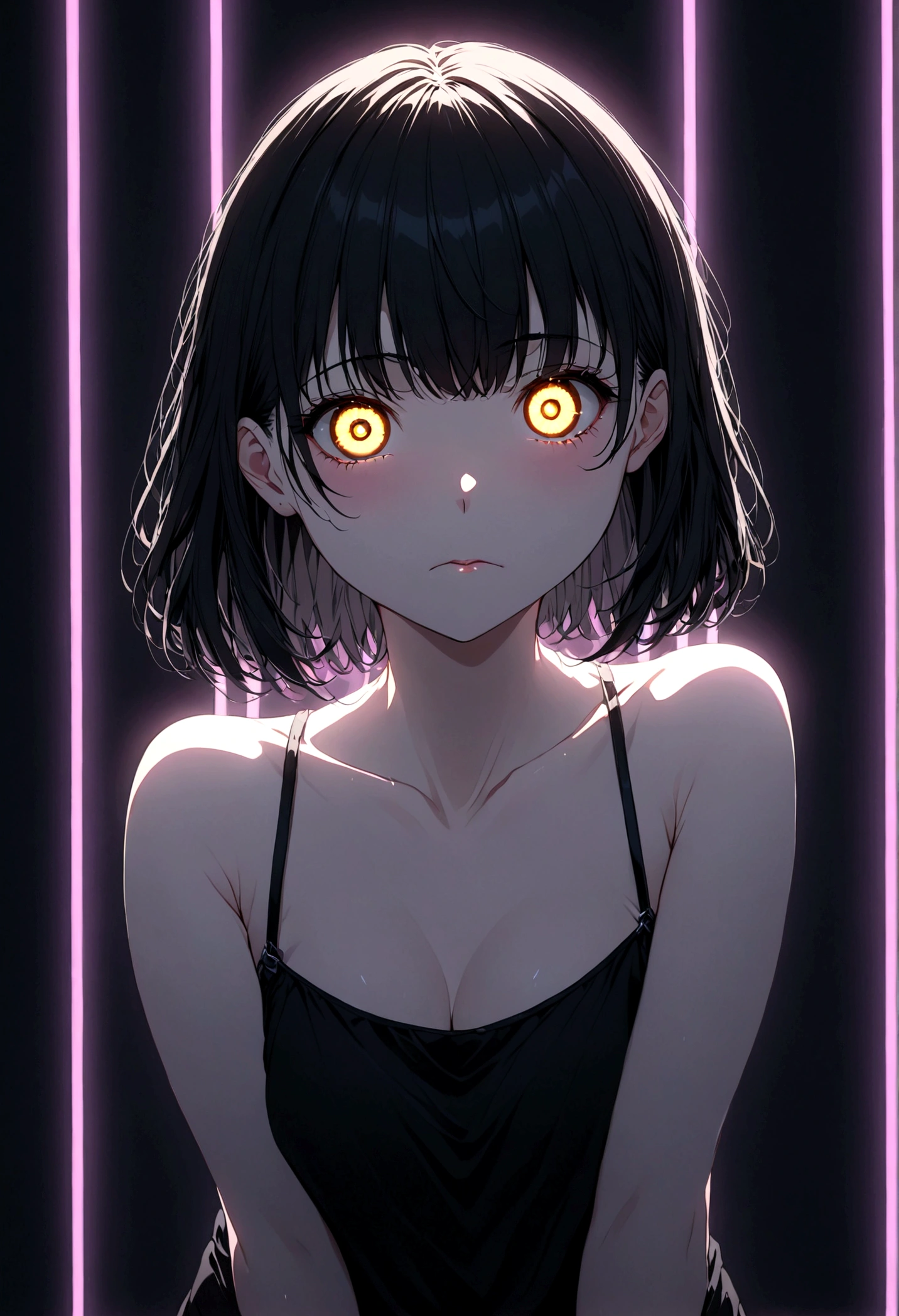 detailed, (masterpiece:1.2), (pale_skin:1.2), (alone:1.2), (woman), thin, (Shine_eye), Long Hair, bangs, Black Hair, Outdoor, No sleeve, black eye,、eyeの間の毛、Naughty look、mocking expression、eyeが光る、short hair、indoor、Neon lighting、indirect lighting、上eye遣いでこちらを見ている、Smiling face、Grin