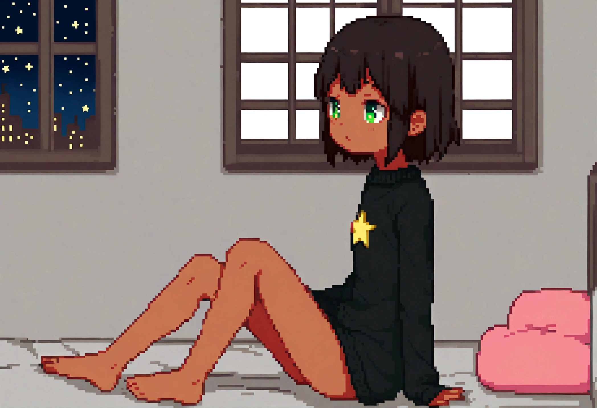 , short hair, dark hair, tan, green eyes, black sweater, bare legs, Sitting on the bed looking at the window, it's night, The night is full of bright stars, From the window you can see buildings with their windows open, Your room is tidy,