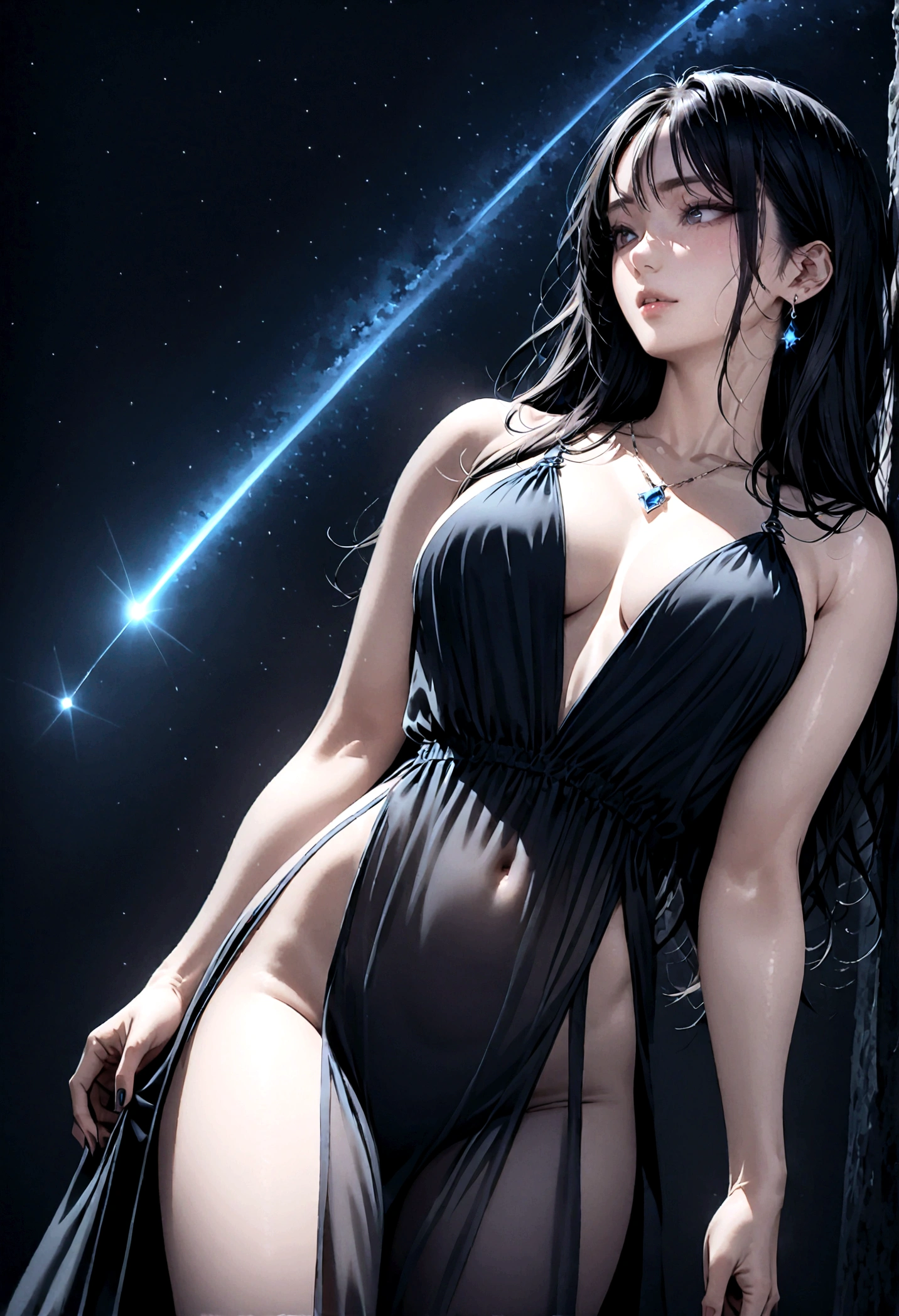 8k, masterpiece, RAW Photos, highest quality, Realistic, Very detailed, Depth of written boundary, Cinematic Light, Anatomically correct body,
An elegant beautiful mature woman, Very beautiful face, Exquisitely detailed face, (Goddess-like deity々Beautiful:1.4), Very sensitive skin, Transparent muscle, Shiny white skin, Glamorous Body,
(Wavy black long hair:1.2), Sexy Breasts, Sexy ass,
(See-through slit long dress:1.4), (Detailed cloth texture:1.2), (Gorgeous necklace:1.1), (Gorgeous earrings:1.1),
(Dark starry background:1.4), (Milky Way:1.1), (milky way:1.1), (shooting star:1.1), (Dark coastline at night:1.4), (Pitch black sea surface:1.4),
(Low angle shot:1.8),