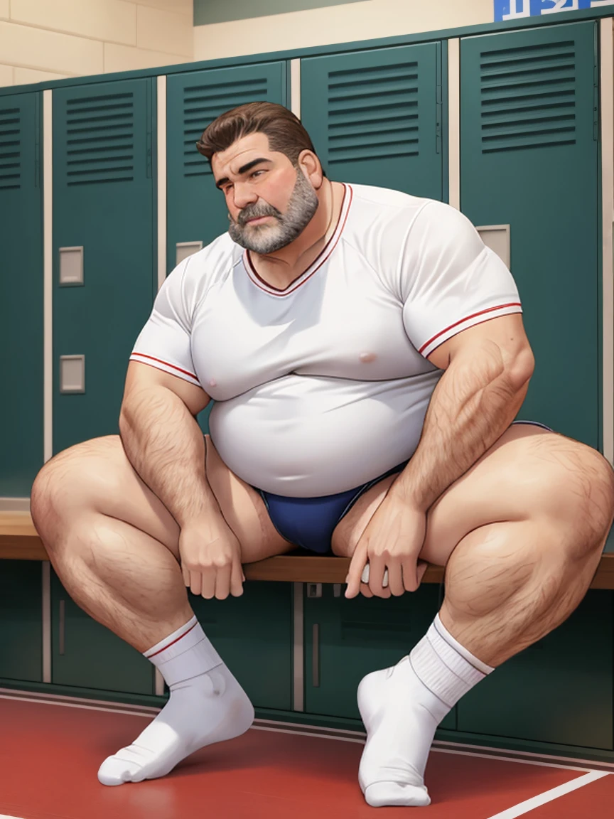 best quality, masterpiece, High resolution,8k，Middle-aged men，Strong and fat，Sports white socks，Sitting，Sweating，Sports students，locker room，Detailed background，Blushing shy，Body hair，Sexy，Thick Legs，Sexy，No shirt，Lift your legs to put on socks，Sports white socks。