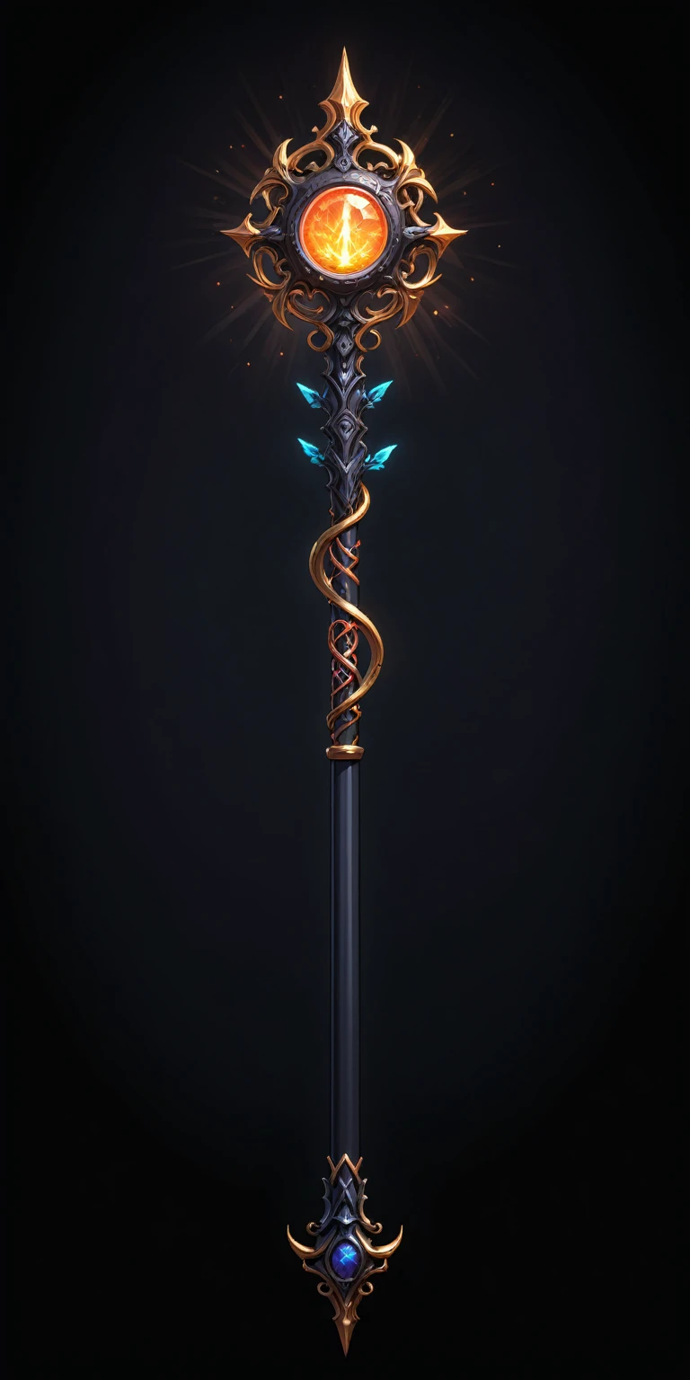 pixel art, cartoon illustration, Divine glavie greatstaff, Powerfull Magical theme, simple black background, RPG game icon