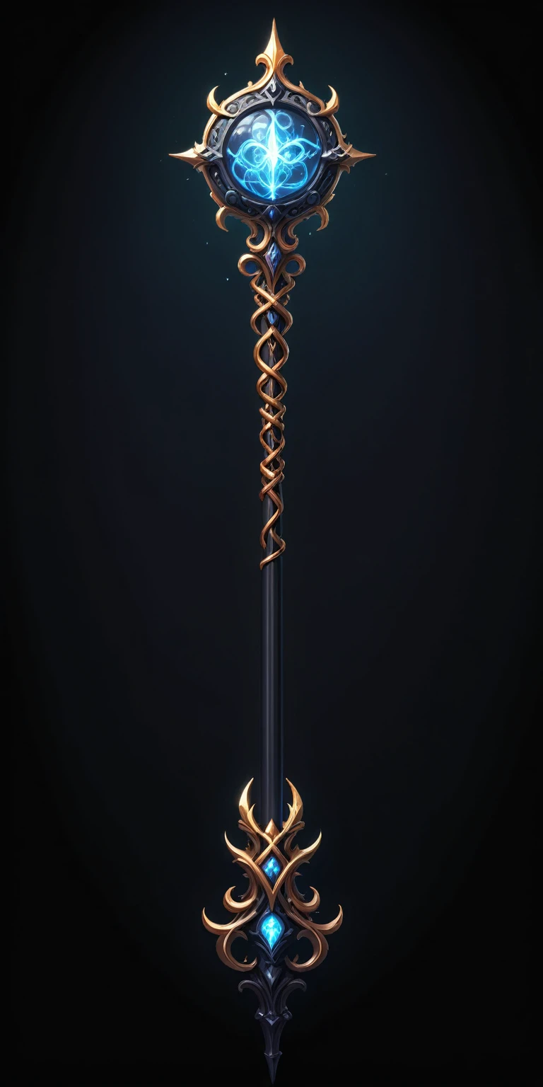 pixel art, cartoon illustration, Divine glavie greatstaff, Powerfull Magical theme, simple black background, RPG game icon