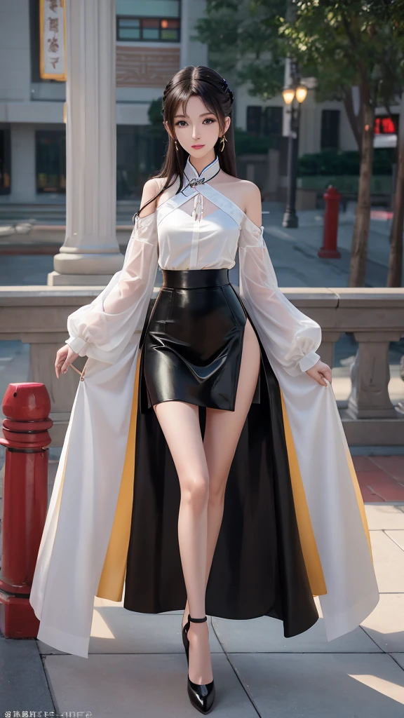 （The legs are very thin and straight），（Very long legs，Straight Legs），High heel，Long legs，stand up，Leg length from the front，Perfect body，Have perfect legs，（Exterior），（（whole body）），Clear face，Pretty face，8K，masterpiece，original photo，Best quality，detail:1.2，Reality，detail，Very detailed ED，CG，Unite，wallpaper，Depth of Field，illumination，lens flare，Ray Tracing，（Very beautiful face，Beautiful lips，beautiful eyes），complex，Detailed face，1 Girl，Beautiful Chinese girl，Chinese idol，（very slim body:1.3），Hot girl hip skirt sexy high waist tight skirt versatile elastic slim fit high-end female professional skirt