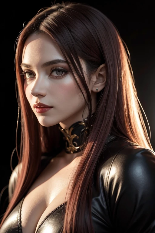 1 garota, olho estrela, corar, perfect lighting, cabelo vermelho, olhos vermelhos, Motor irreal, side lighting, rosto detalhado, franja, pele brilhante, fundo simples, fundo escuro, Create a super realistic image of a female vampire from the Tremere clan, de 'Vampiro: To Mask'. The vampire must have a scholarly and mysterious appearance, wearing an arcane robe or formal attire reminiscent of a wizard or alchemist, com detalhes em vermelho (pode ser na roupa ou cabelo). Your expression is seductive, com um olhar hipnotizante. She is in an aristocratic room, decorated with luxurious furniture and period elements. A vampira deve ser mostrada de corpo inteiro, holding an ancient magic book and wearing a magical amulet. The atmosphere around her is dark and enigmatic., with soft lighting that highlights your face and highlights your slightly visible vampire fangs, sugerindo sua verdadeira natureza de forma sutil.