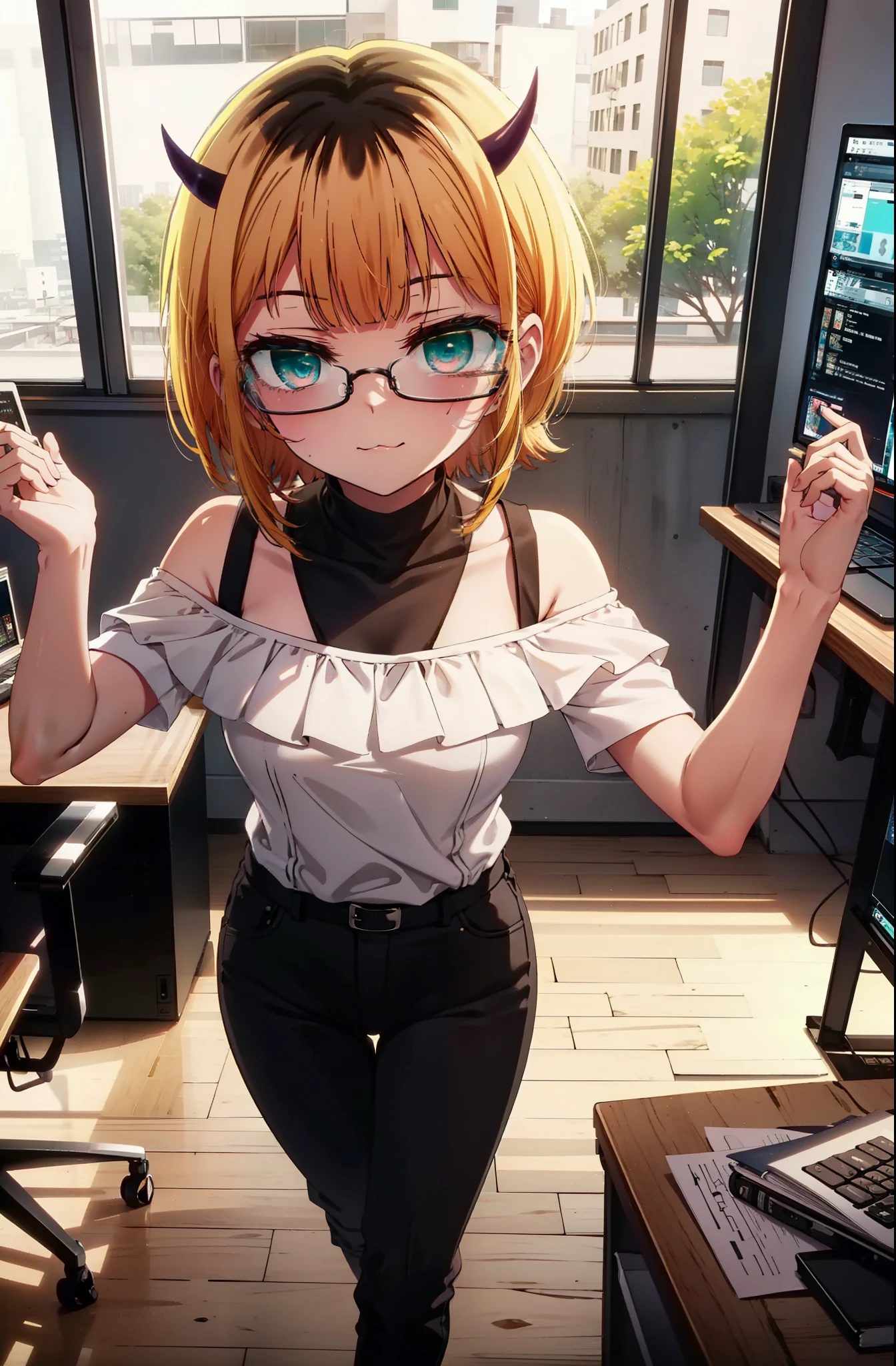 memcho, memcho, Long Hair, Blonde Hair, Multicolored Hair, horn, bangs, Brown Hair, Black Hair, blunt bangs, Two-tone hair, (Aqua Eye:1.3), :3,happy smile, smile, Open your mouth,Black-rimmed glasses,
Cold shoulder tops,Short sleeve,skinny pants,Stiletto heels,There is a computer on the table,So that the whole body goes into the illustration,Chair,walking,Daytime,
Break indoors, office,
壊す looking at viewer, Systemic
break (masterpiece:1.2), highest quality, High resolution, unity 8k wallpaper, (figure:0.8), (Beautiful fine details:1.6), Highly detailed face, Perfect lighting, Highly detailed CG, (Perfect hands, Perfect Anatomy),