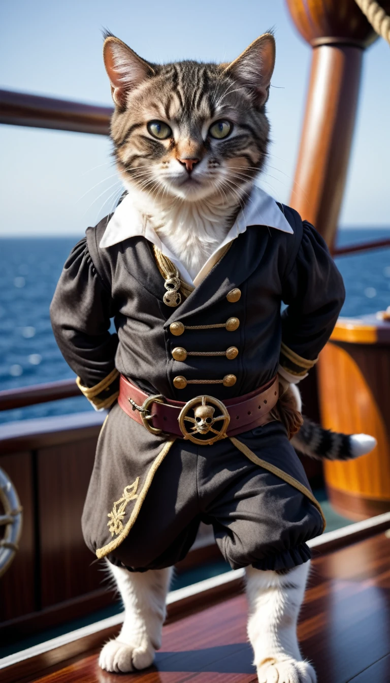 
A charismatic, cute cat in a pirate suit strikes a pose for the camera on the ship.