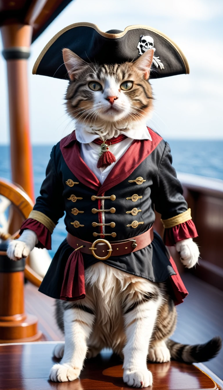 A charismatic, cute cat in a pirate suit strikes a pose for the camera on the ship.