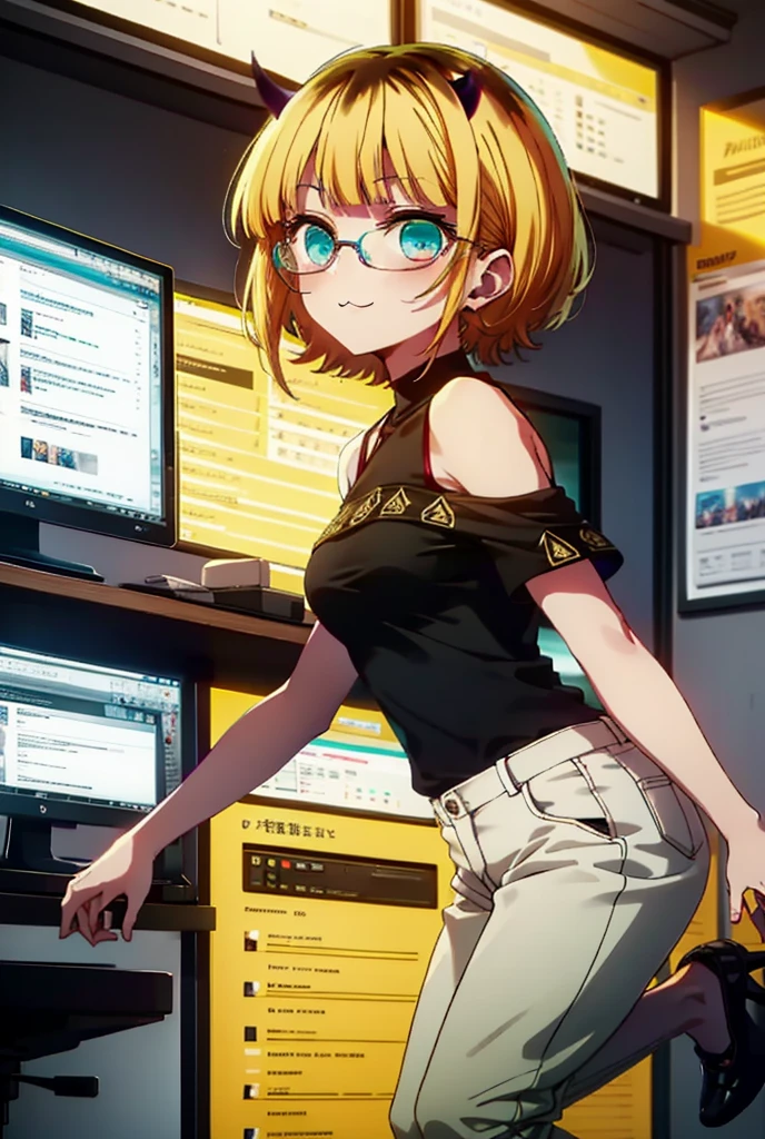 memcho, memcho, Long Hair, Blonde Hair, Multicolored Hair, horn, bangs, Brown Hair, Black Hair, blunt bangs, Two-tone hair, (Aqua Eye:1.3), :3,happy smile, smile, Open your mouth,Black-rimmed glasses,
Cold shoulder tops,Short sleeve,skinny pants,Stiletto heels,There is a computer on the table,So that the whole body goes into the illustration,Chair,walking,Daytime,
Break indoors, office,
壊す looking at viewer, Systemic
break (masterpiece:1.2), highest quality, High resolution, unity 8k wallpaper, (figure:0.8), (Beautiful fine details:1.6), Highly detailed face, Perfect lighting, Highly detailed CG, (Perfect hands, Perfect ???????),
