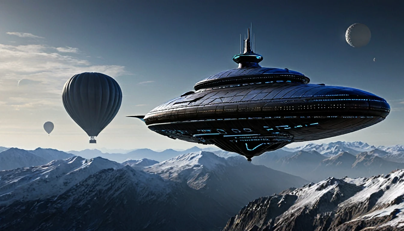 "Create a very high resolution image, Hyper-realistic and professionally lit futuristic alien spaceship. The ship must have a shape similar to that of a hot air balloon, but built with dark metal materials and metal tensioners. Incluir acentos de partes cromadas que reflejen la luz de manera espectacular. Utilizar una perspectiva forzada para enfatizar la magnitud y la velocidad de la nave. Lighting should be detailed and professional, destacando los matices del metal oscuro y el brillo de las partes cromadas. The ship will be flying above a landscape made up of icy mountains on a distant and exotic planet.. The mountains must be covered in snow and ice, y el cielo debe ser oscuro y estrellado, accentuating the alien and remote atmosphere of the environment. Forced perspective should create a sense of depth and dynamism, making the ship appear imposing and moving fast over the mountainous terrain."