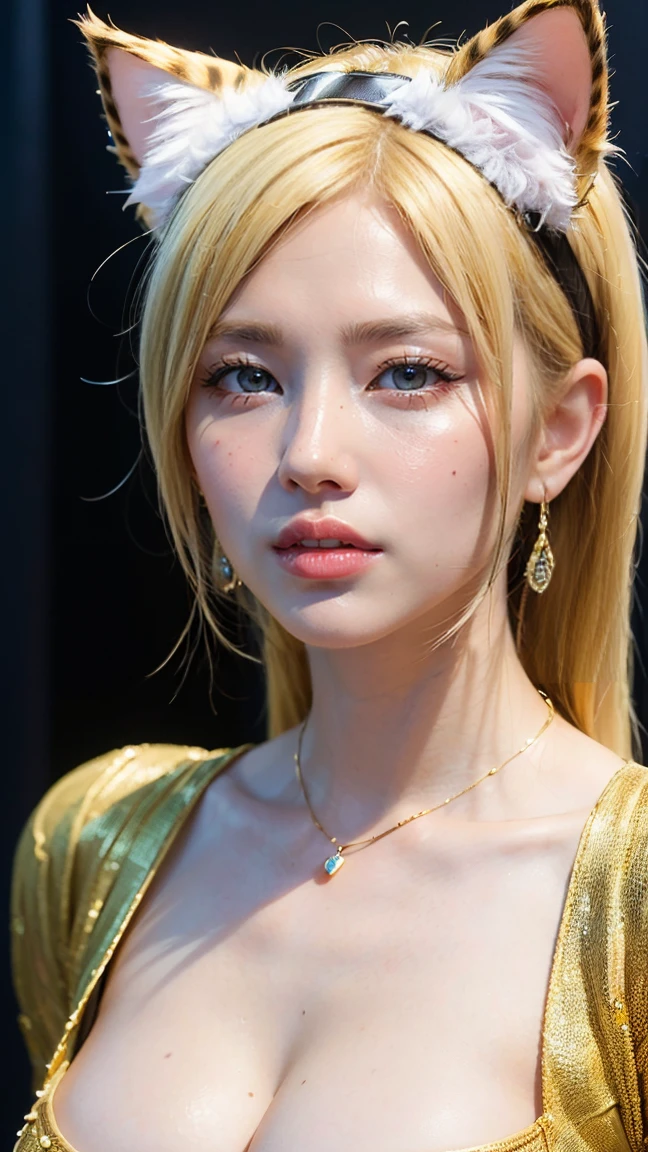 ((highest quality, 8k, masterpiece :1.3)), Sharp focus :1.2, Beautiful woman with perfect figure :1.4, Slim Abs :1.2, ((Big Breasts, Emphasize cleavage:1.3)), (Photorealistic:1.4), (realistic:1.4), Highly detailed face and skin texture, Fine grain, double eyelid. Makeup face. A little bit of lipstick, necklace, Earrings, sex appeal, Sexy gravure pose, ((A beautiful blonde woman wearing a cute cat ear headband、Having fun at a cosplay event。She has a happy smile。:1.3)