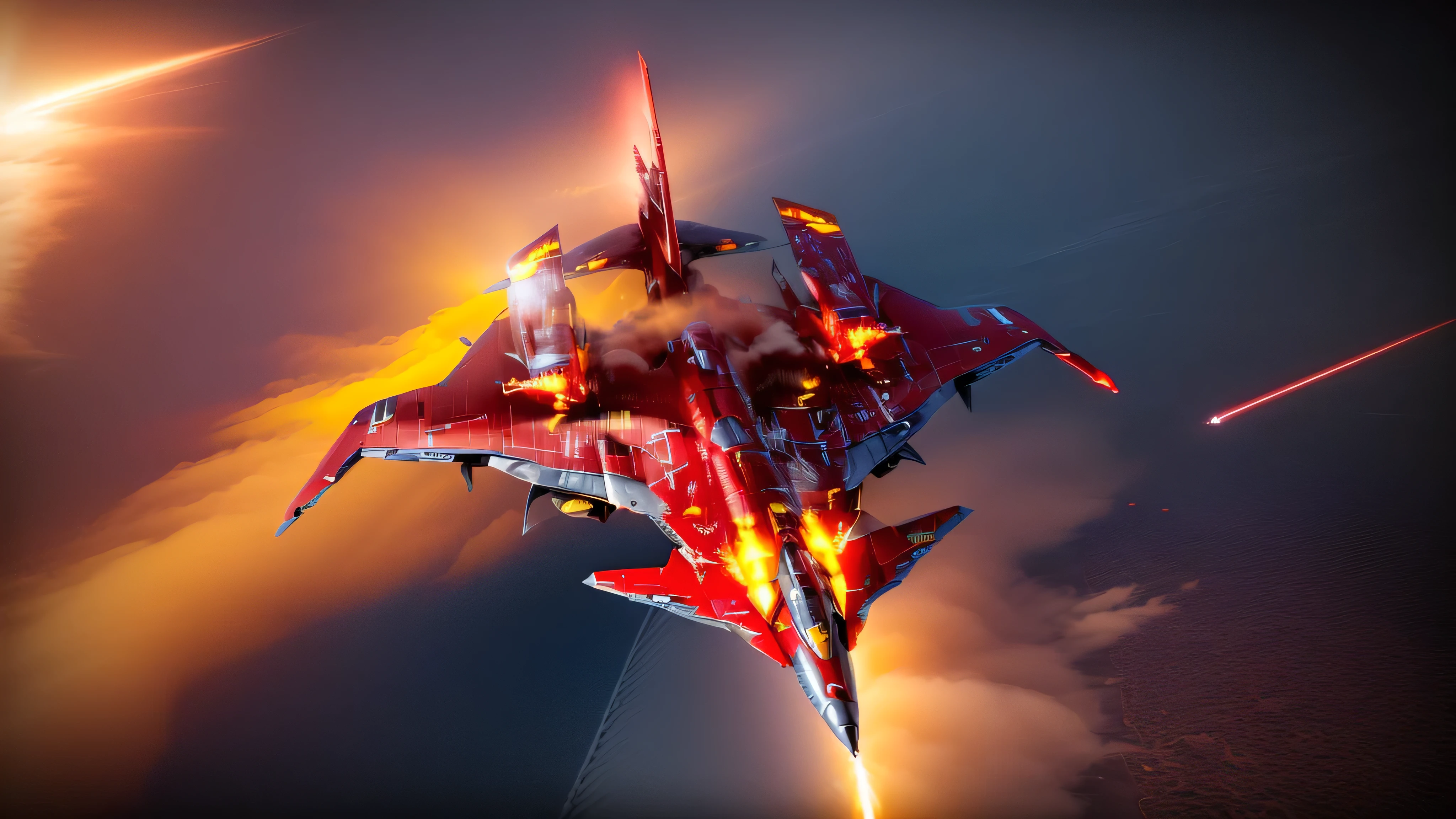 ((there is a red and yellow jet flying in the sky)), valkyrie fighter jet, flying scifi vehicle, flying scarlet phoenix, v wing, jet fighter, futuristic starship, futuristic spaceship, red shift render, cartoon fantasy spaceship, 3 d render n - 9, scifi spaceship, portrait of figther jet evading, science fiction spacecraft, 5th gen fighter, cyberpunk concept inspired jet