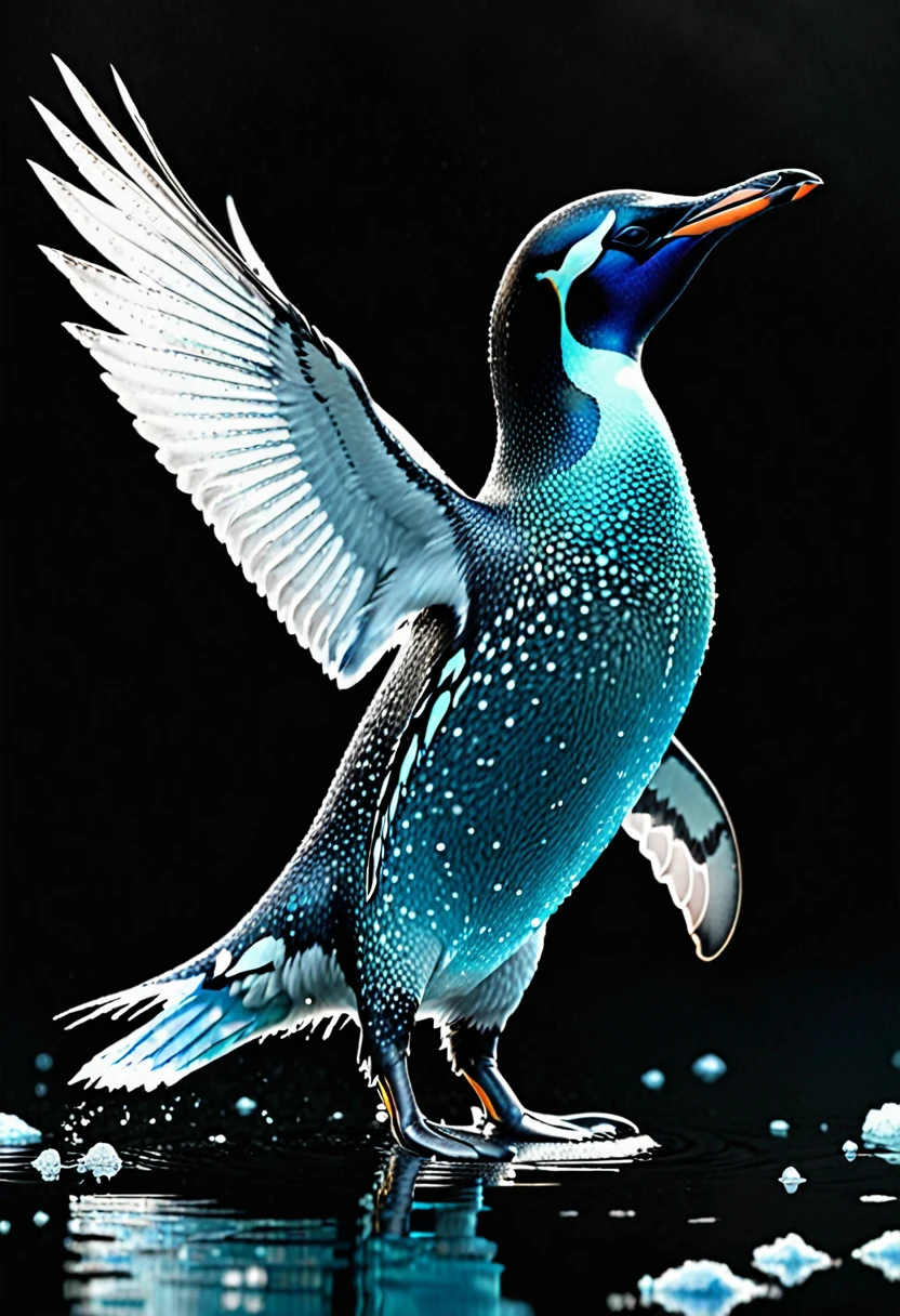 Creature: Glacial Frostwing
Features:
- Penguin-like body
- Surface covered in ice crystals, cold to the touch
Habitat:
- Lives in icy environments
- Nests on glaciers and icebergs
- Adapted to extreme cold, can swim in icy waters
Coloration:
- Body is white with icy blue highlights
- Ice crystals on the surface refract light, creating a shimmering effect
Additional Notes:
- Feeds on fish and krill
- Uses its wings to propel itself underwater
