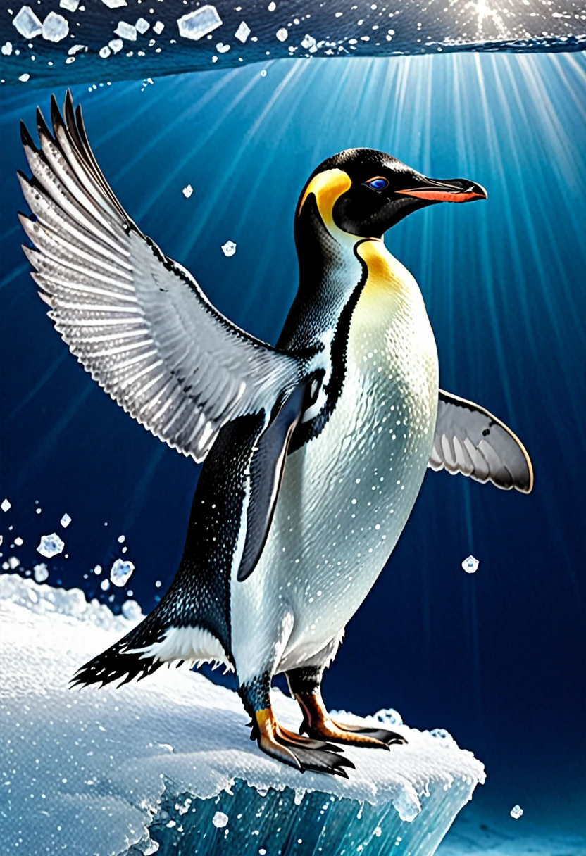 Creature: Glacial Frostwing
Features:
- Penguin-like body
- Surface covered in ice crystals, cold to the touch
Habitat:
- Lives in icy environments
- Nests on glaciers and icebergs
- Adapted to extreme cold, can swim in icy waters
Coloration:
- Body is white with icy blue highlights
- Ice crystals on the surface refract light, creating a shimmering effect
Additional Notes:
- Feeds on fish and krill
- Uses its wings to propel itself underwater