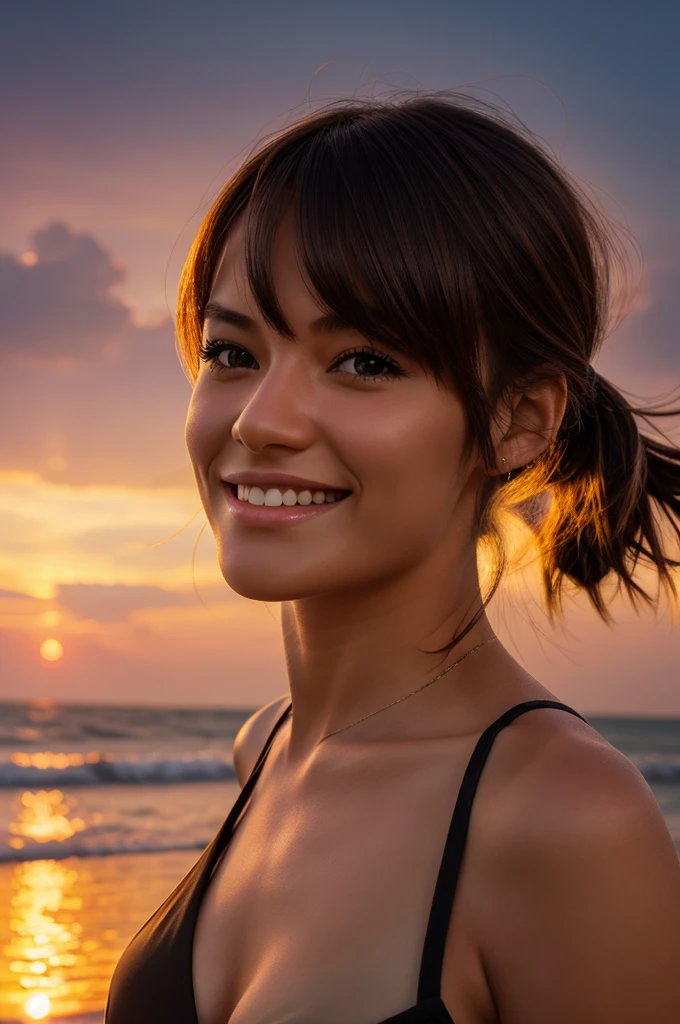 Create realistic image of an adult girl in sunset with beutiful smile but hide her face