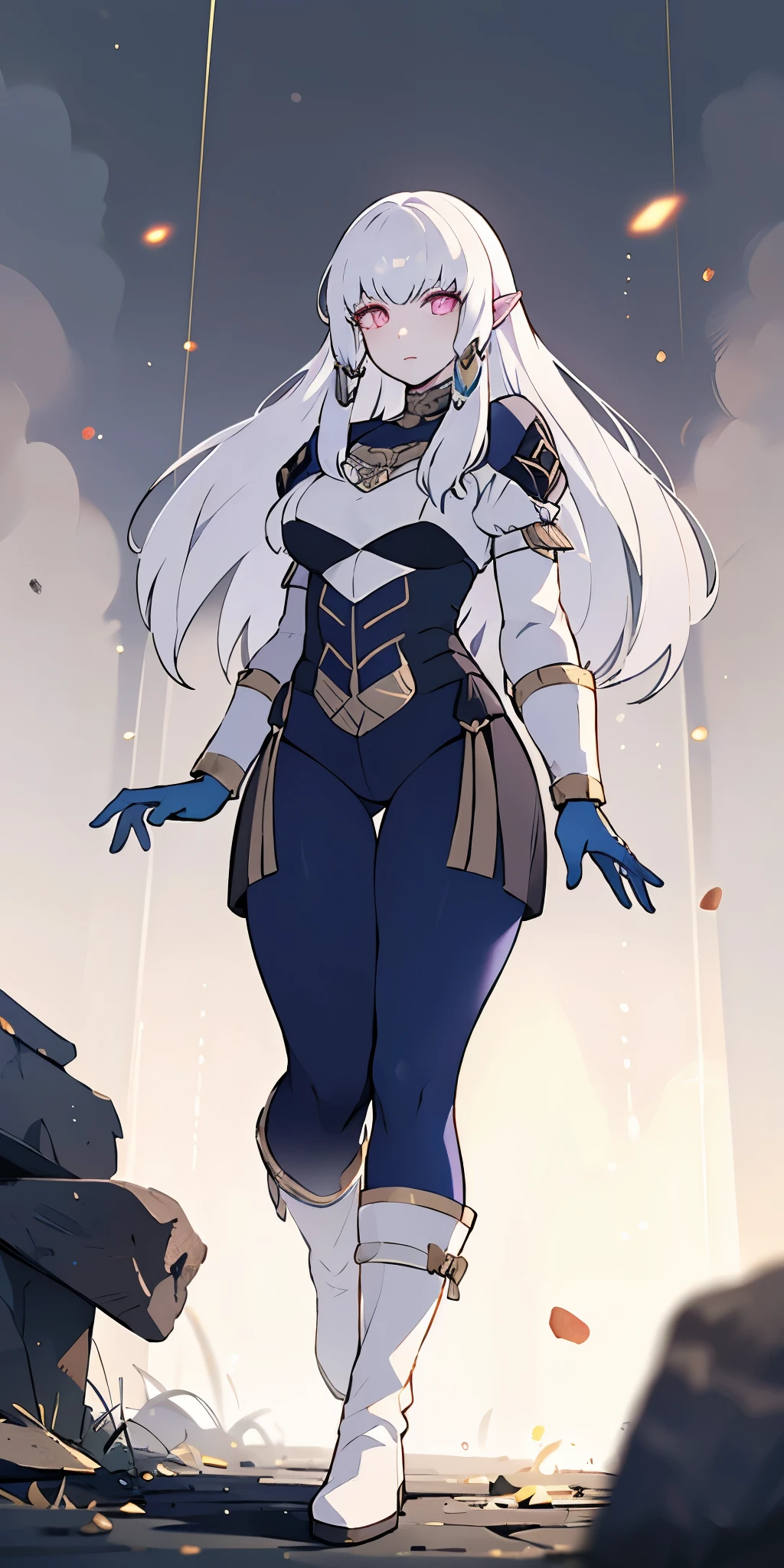 (masterpiece:1.2) (best quality:1.2) (Full body view from below) perfect eyes, perfect face, perfect lighting, 1girlMILF mature drow elf blue skin color, white hair, blue ayes, pointy ears, hyper realistic, Ultra detail, high res, blue bodysuit, blue gloves, bracelet, blue boots, extremely detailed, highly quality, 4k, sharp focus, professional, sharp focus, award winning, cinematic lighting, octane render, unreal engine, volumetrics dtx, Wallpaper Lysithea von Ordelia | Fire Emblem: Three Houses