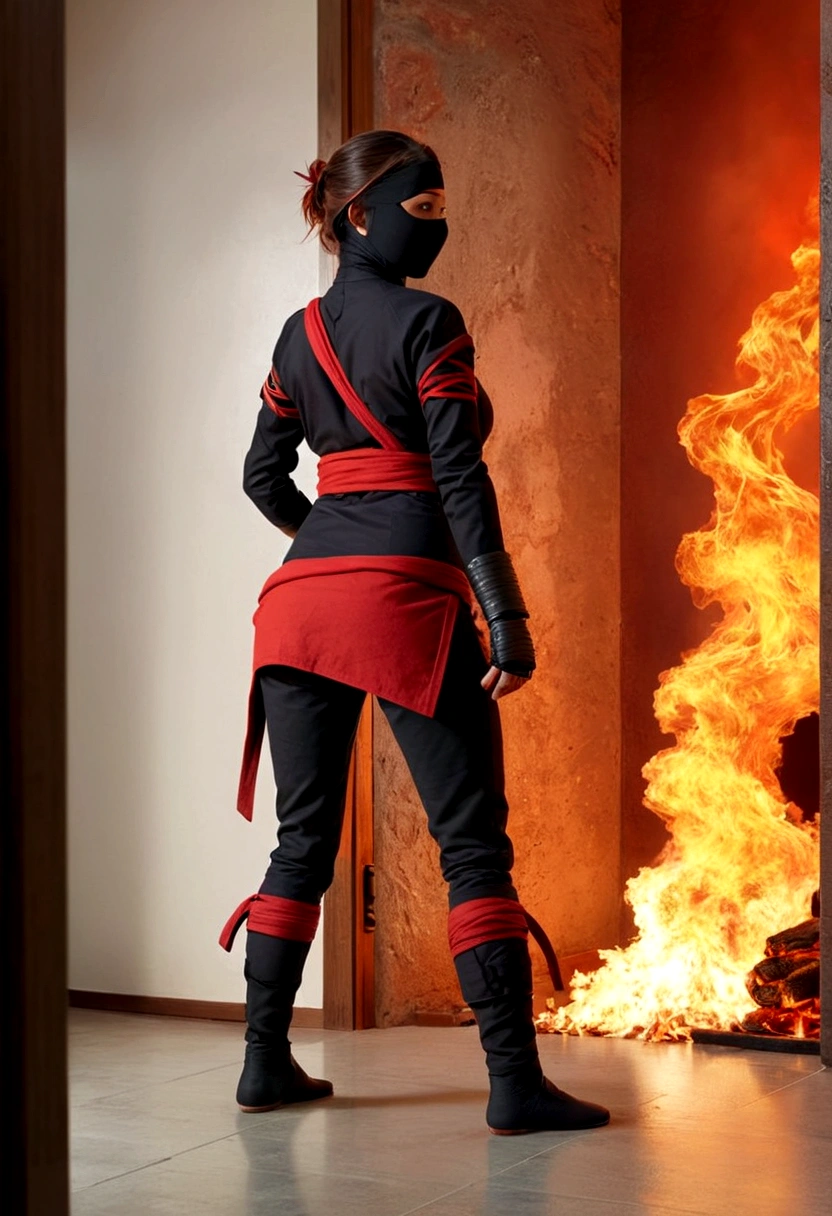 a female ninja holding her bottom, desperately seeking a bathroom, bottom on fire, chili pepper spiced foods in each corner, high quality, 4k, realistic, photorealistic, ultra-detailed, cinematic lighting, dynamic composition, dramatic lighting, vibrant colors, hyper-realistic, intricate details, 3d render, professional photography, masterpiece