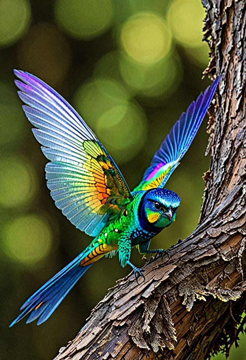 Creature: Aerial Soarer
Features:
- Feathered wings on its back
- Insect-like face with glossy texture, multiple eyes
Habitat:
- Roams the skies, rarely lands on the ground
- Nests on high cliffs or tall trees
- Diurnal, active during the day
Coloration:
- Feathers are iridescent with rainbow hues
- Body is sleek and aerodynamic, suitable for flying
Additional Notes:
- Excellent eyesight, can spot prey from great distances
- Feeds on insects and small birds