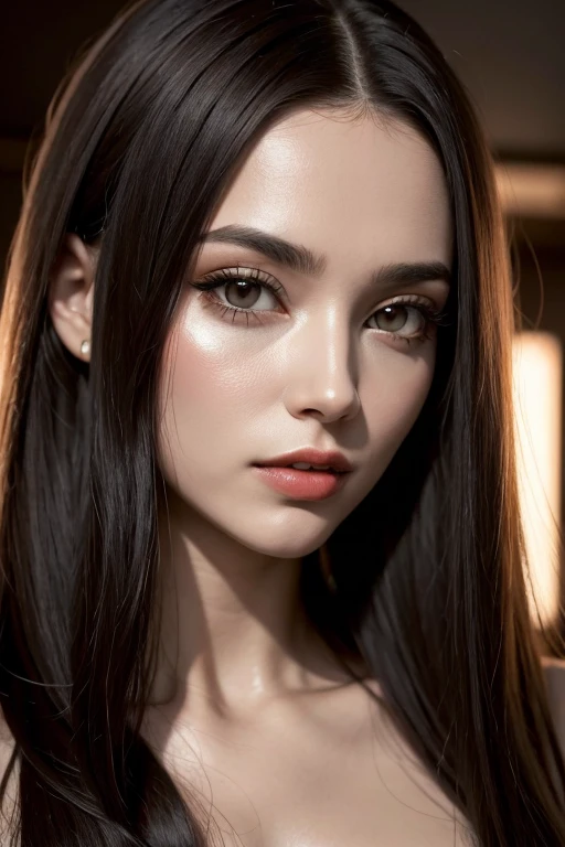 beautiful woman, sweet features,long black silk hair,hazel eyes with sensuality,very full red lips, small nose, white smooth skin,black nail polish on the fingers,sleeves joined under the chest,red dress with a low-cut chest,slim oval features,detailed,3d model,quality,detailed face,best reality and quality