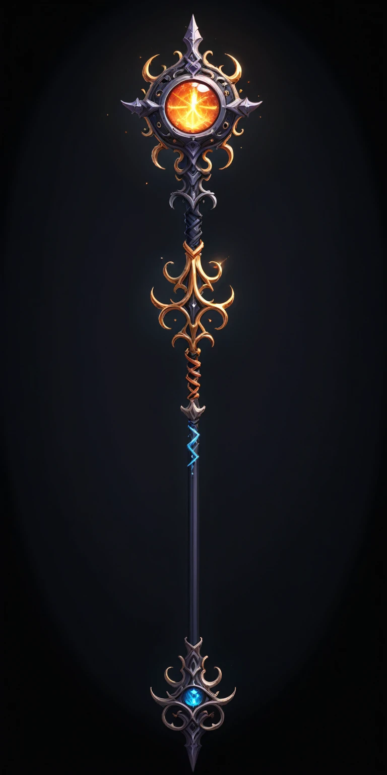pixel art, cartoon illustration, Divine glavie greatstaff, Powerfull Magical theme, simple black background, RPG game icon