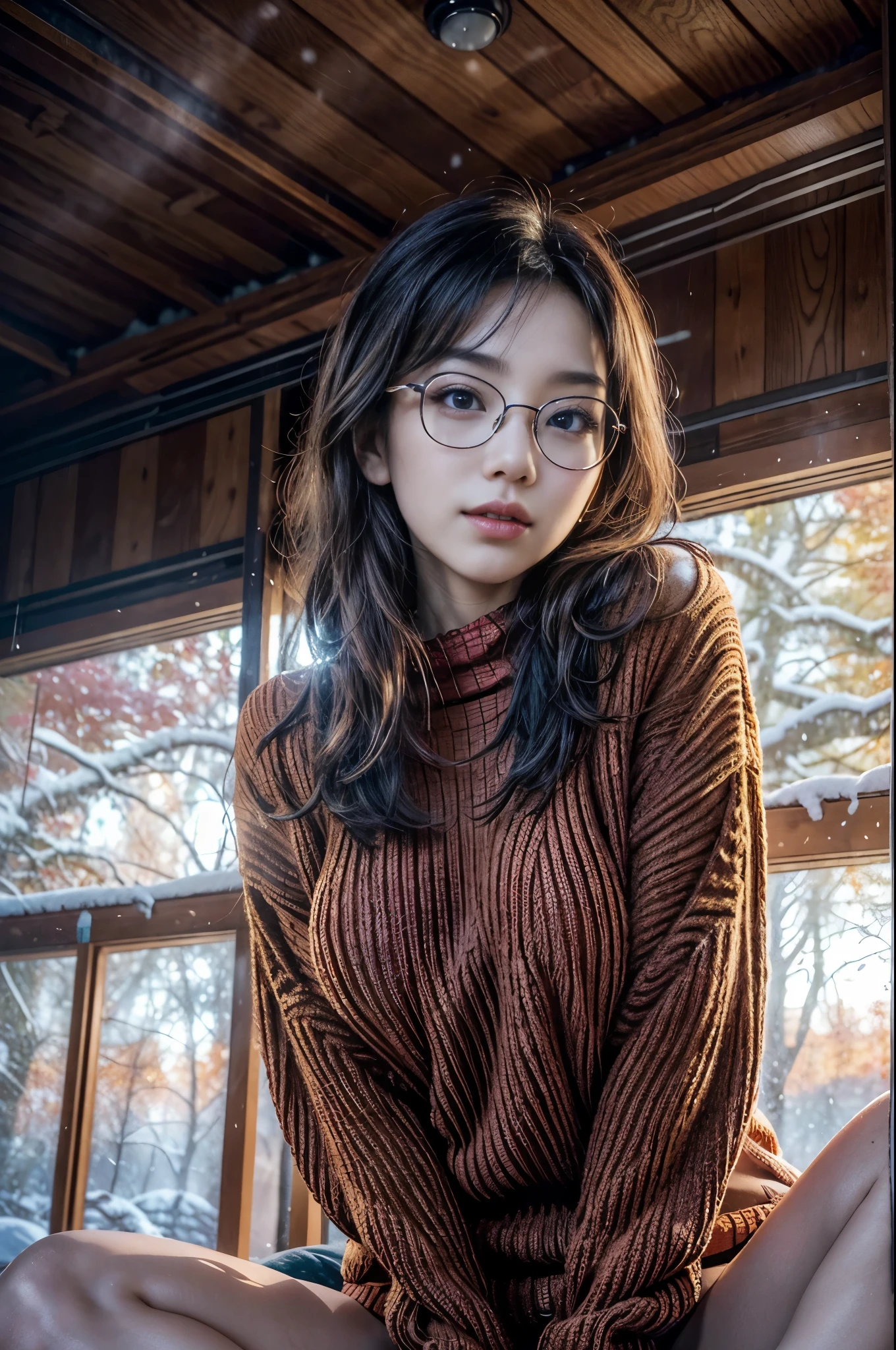 Photorealistic, (upperbody:1.3, exposed face), low angle, (seen from below), in frame, a japanese young woman, ((bigsize red sweater:1.2), bottomless:1.3), a hyperrealistic beautiful young girls with (mesmerizing eyes in glasses:1.2), natural droopy breast, high detailed official artwork, beautiful girls with slim fit body and busty posture, long legs, attractive young woman, (sitting with atractive poses:1.3, spread legs, hug the breast up), at wood bench in the (foggy tokyo city:1.2), surrounded by (snow:1.25), skyline background, realistic portrait, smooth photorealistic, perfect visual of a cute girls, cute girls with round soft face, face focus, exquisite details, captivating beauty, confidence, elegance and charm, all eyes on her, desirable, irresistible temptation, sultry mood, enticing allure, sizzling sensuality, enticing curves, feminine grace, teasingly erotic, captivating slim body, naughty innocence, forbidden desire, unrestrained passion, creamy complexion, inviting gaze, bewitching smile, curvaceous silhouette, playful imagination, intimate moment, photon mapping, natural light, warm color tones, vivid colors, cool ambient, foggy atmosphere