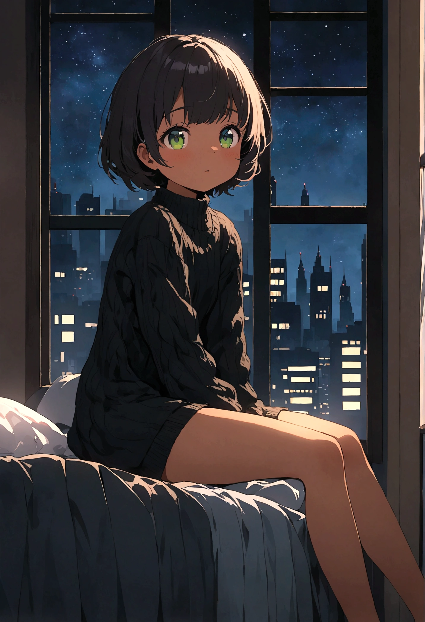 , short hair, dark hair, tan, green eyes, black sweater, bare legs, Sitting on the bed looking at the window, it's night, The night is full of bright stars, From the window you can see buildings with their windows open,